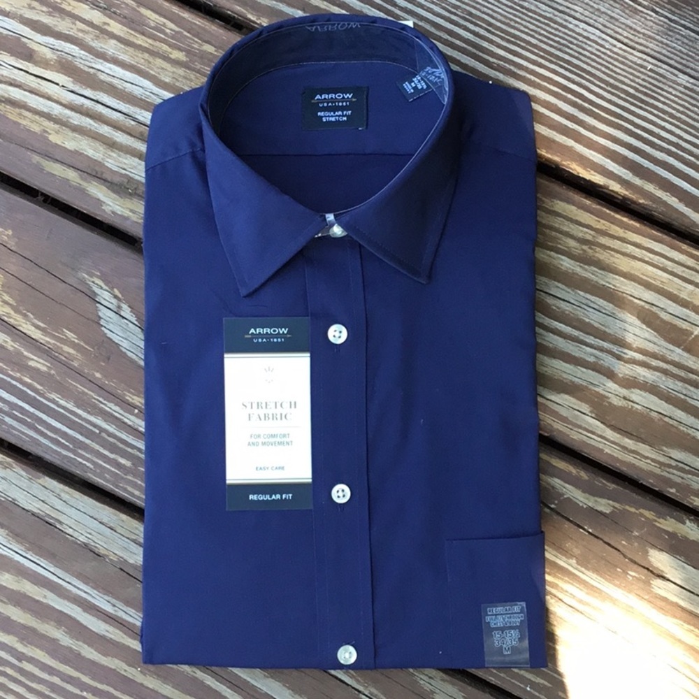 Arrow Dress Shirt Navy Tailored Button Down New Stretch Size M 15-15 1/2” 34/35